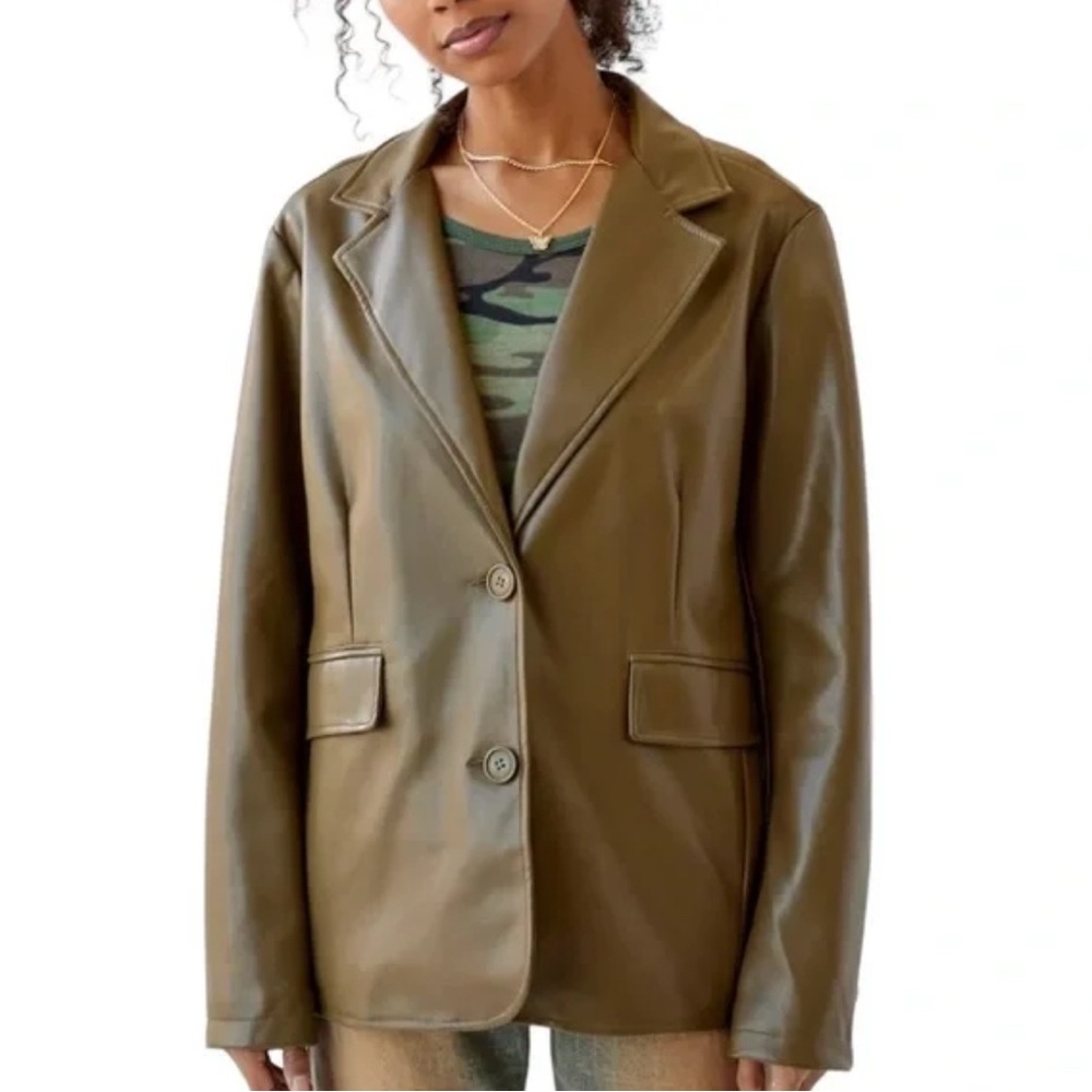 Urban Outfitters Khaki oversized Jules vegan leather olive Blazer lined medium